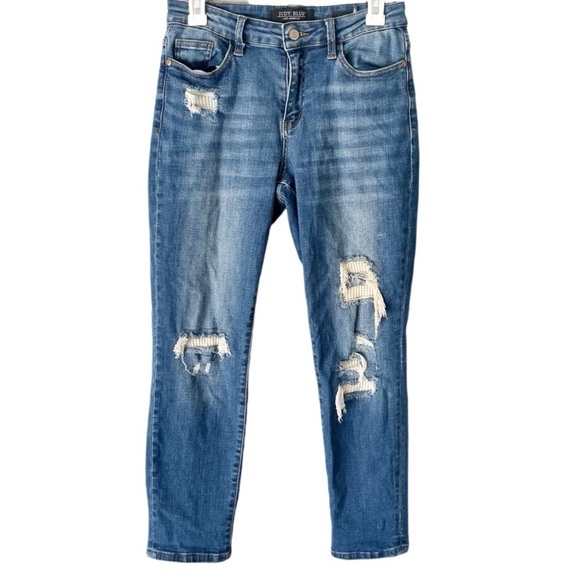 Judy Blue Jeans Womens' 5 27 Aggie Patch Boyfriend Fit Distressed Straight Leg - Picture 1 of 7